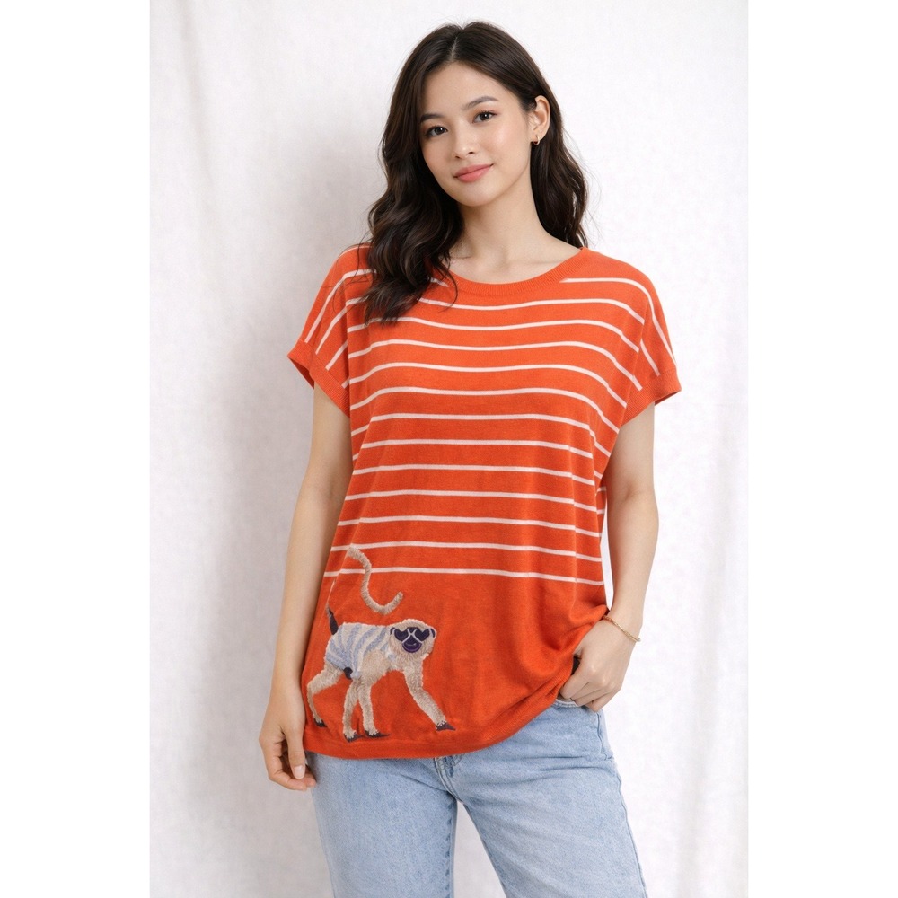 Talbots- Orange Striped with Animal Detailing Short Sleeve Tee Size S